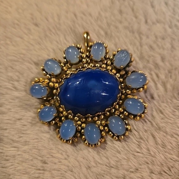 Dior Jewelry - Vintage Christian Dior 1965 Blue Poured Glass Cabochon Flower Pendant Brooch